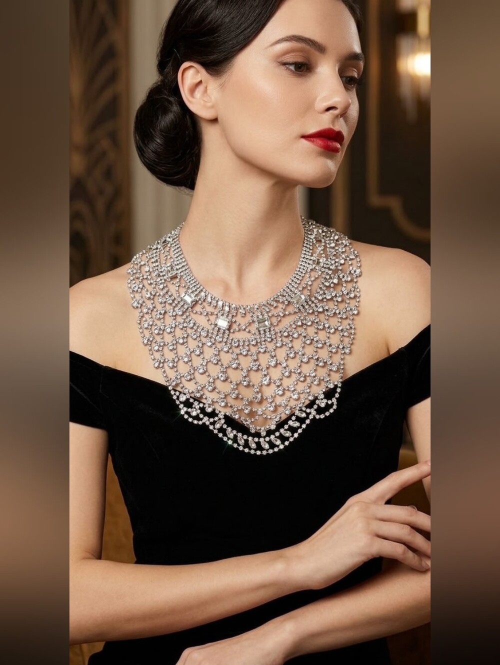 Glamour Statement Crystal Bib Necklace in Silver